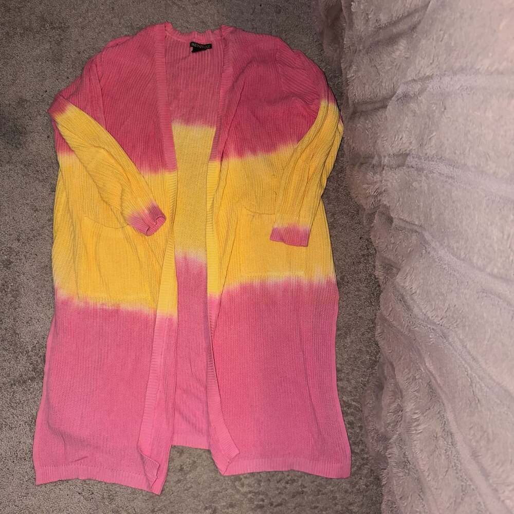 Runway Knit Duster Cardigan Size 3X Pink Yellow Ombre Open Front